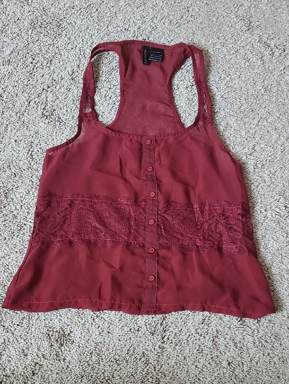 Full Tilt Lace-Trim Racerback Top- Burgundy